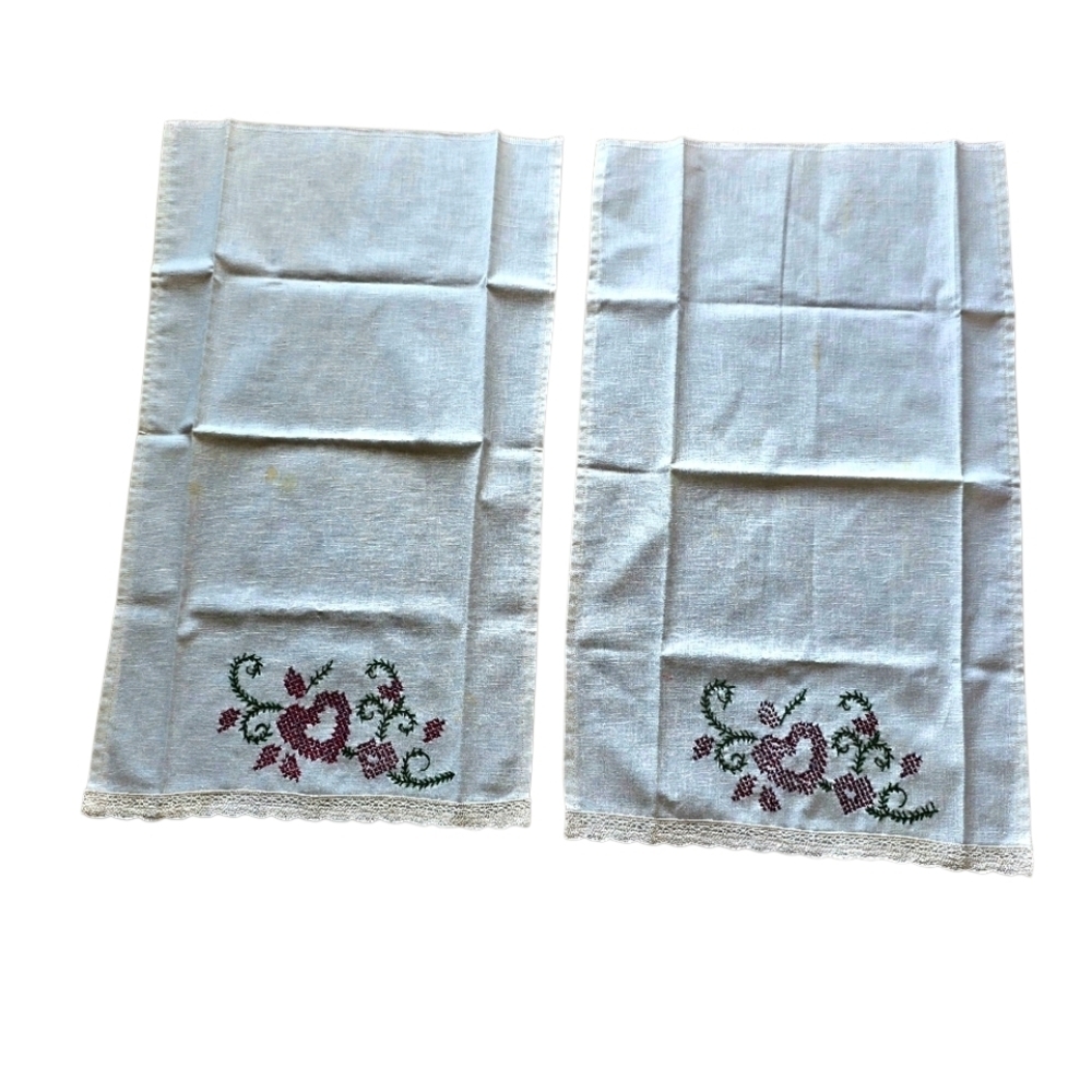 Vintage Heart Embroidered Floral Linen Tea Towels Purple And Green w/ Lace Trim